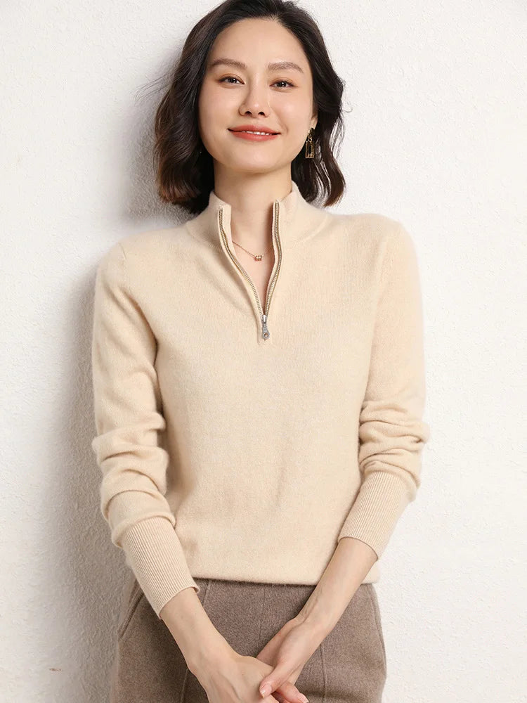 Cashmere Blend Half-Zip Jumper for Women – Soft Wool Knit Winter Layer