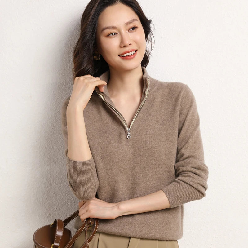 Cashmere Blend Half-Zip Jumper for Women – Soft Wool Knit Winter Layer