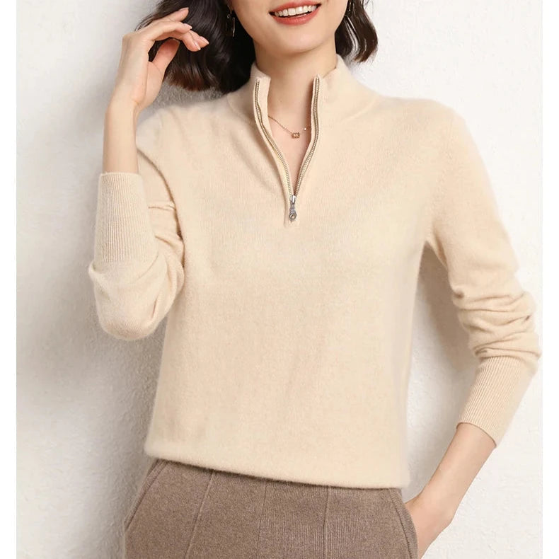 Cashmere Blend Half-Zip Jumper for Women – Soft Wool Knit Winter Layer
