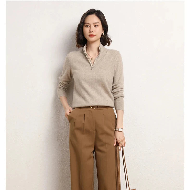 Cashmere Blend Half-Zip Jumper for Women – Soft Wool Knit Winter Layer
