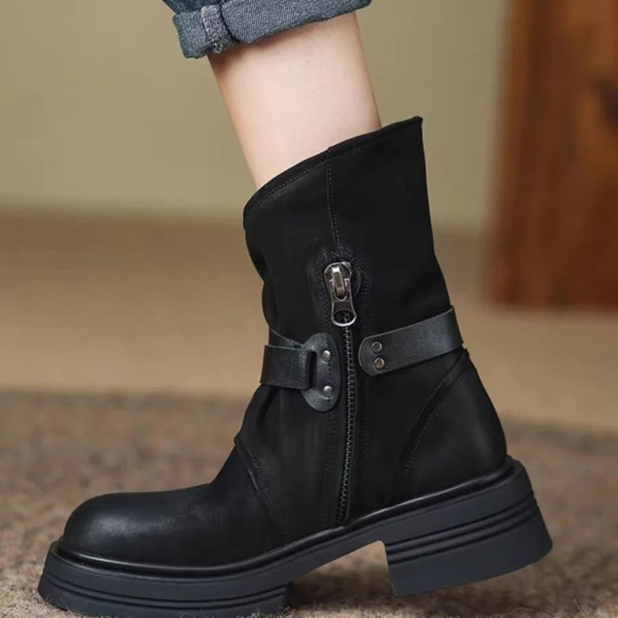 Women’s Leather Moto Ankle Boots – Buckle Strap Biker Boots with Rubber Sole