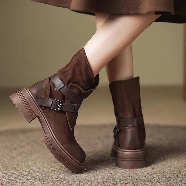 Women’s Leather Moto Ankle Boots – Buckle Strap Biker Boots with Rubber Sole