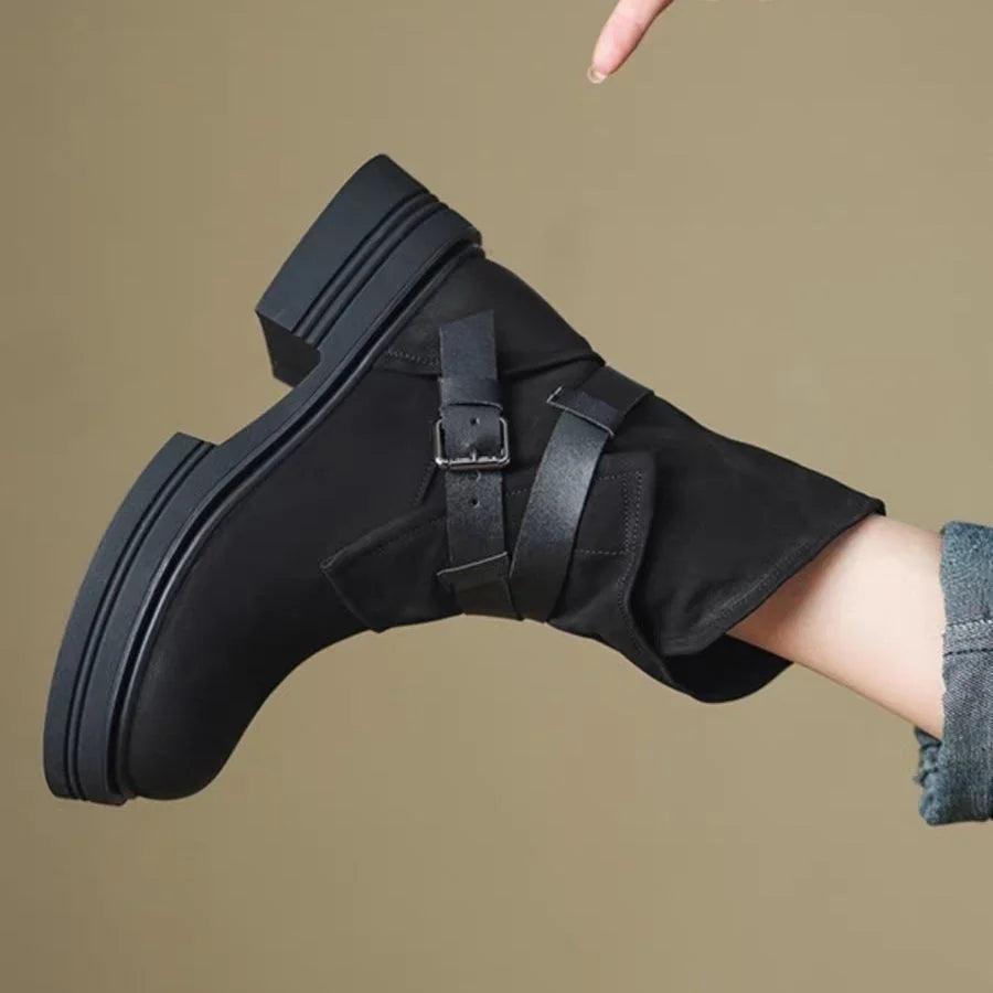 Women’s Leather Moto Ankle Boots – Buckle Strap Biker Boots with Rubber Sole