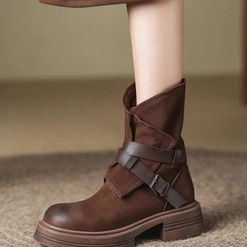 Women’s Leather Moto Ankle Boots – Buckle Strap Biker Boots with Rubber Sole
