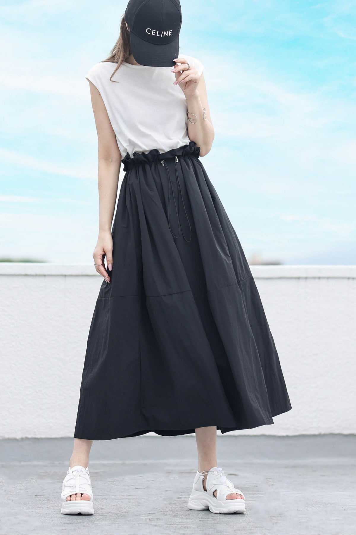 Women’s Sleeveless Maxi Dress – Cotton Top Nylon Flared Dress