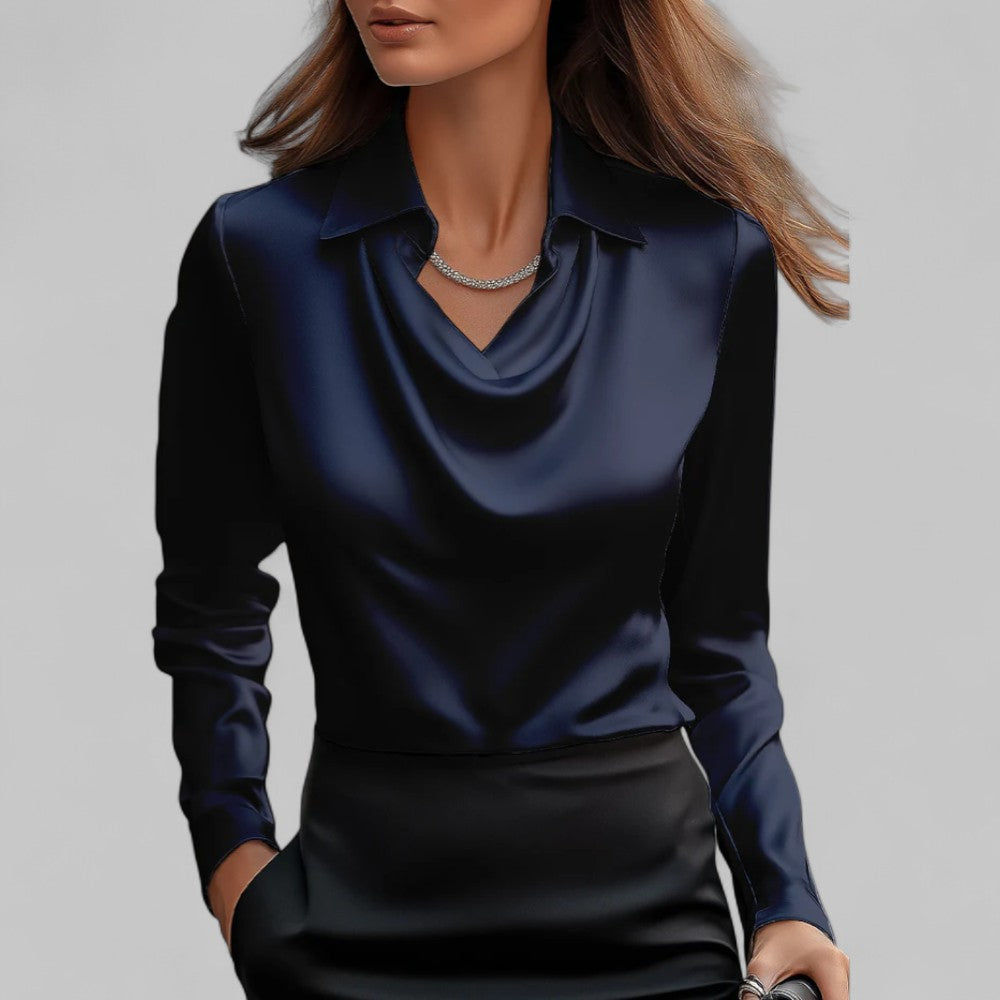 Rosita | Women’s Draped Neck Long Sleeve Satin Blouse
