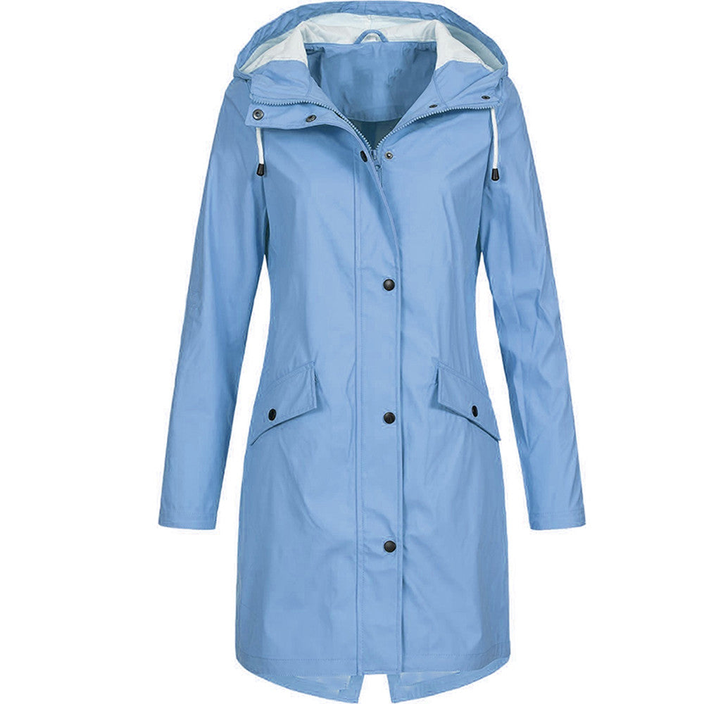 Hooded Raincoat for Women – Lightweight Knee-Length Jacket with Zip and Snap Closure for Spring and Autumn