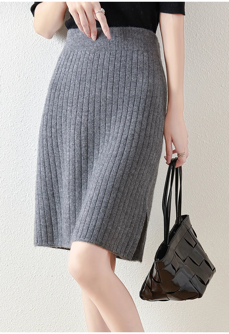 Women’s Merino Wool Ribbed Midi Skirt – Soft Knit Winter Skirt