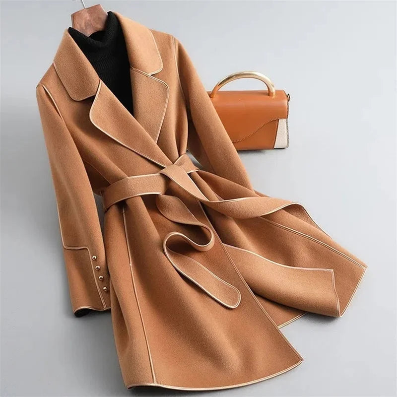Women’s Wool Belted Coat – Elegant Tailored Wrap Overcoat for Autumn & Winter