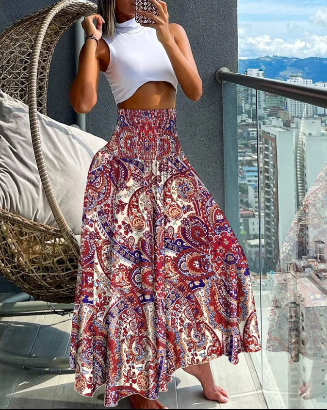 Elegant High-Waisted A-Line Skirt with Elastic Waist and Flowing Length