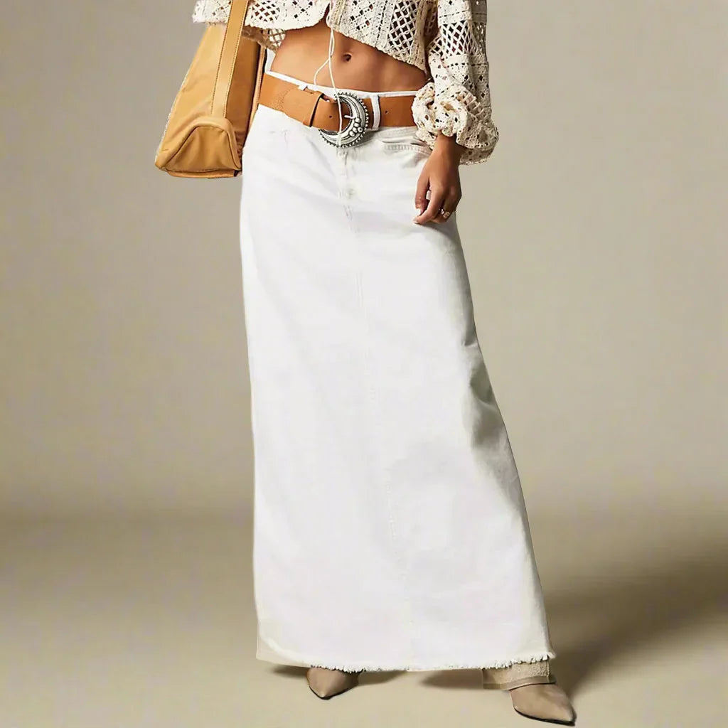 High Waist Denim Maxi Skirt – Vintage A-Line Jean Skirt for Effortless Style