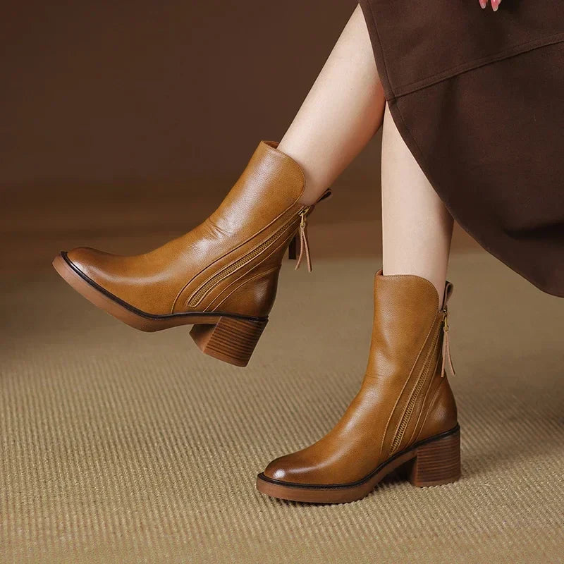Women’s Vegan Leather Ankle Boots – Double Zip Block Heel Boots with Cushioned Insole