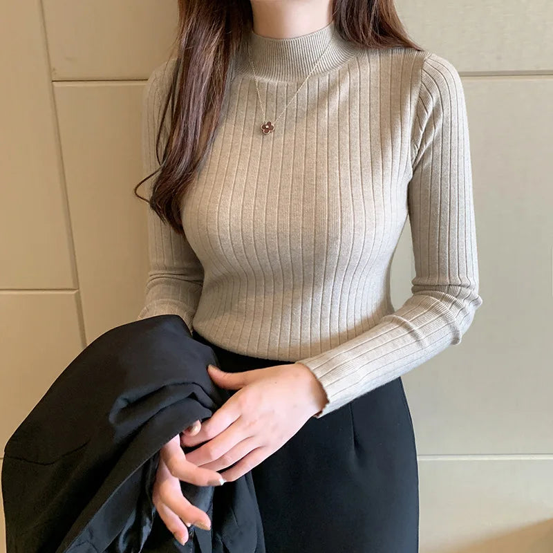Women’s Ribbed Mid-Neck Sweater – Lightweight Stretch Knit Long Sleeve Top