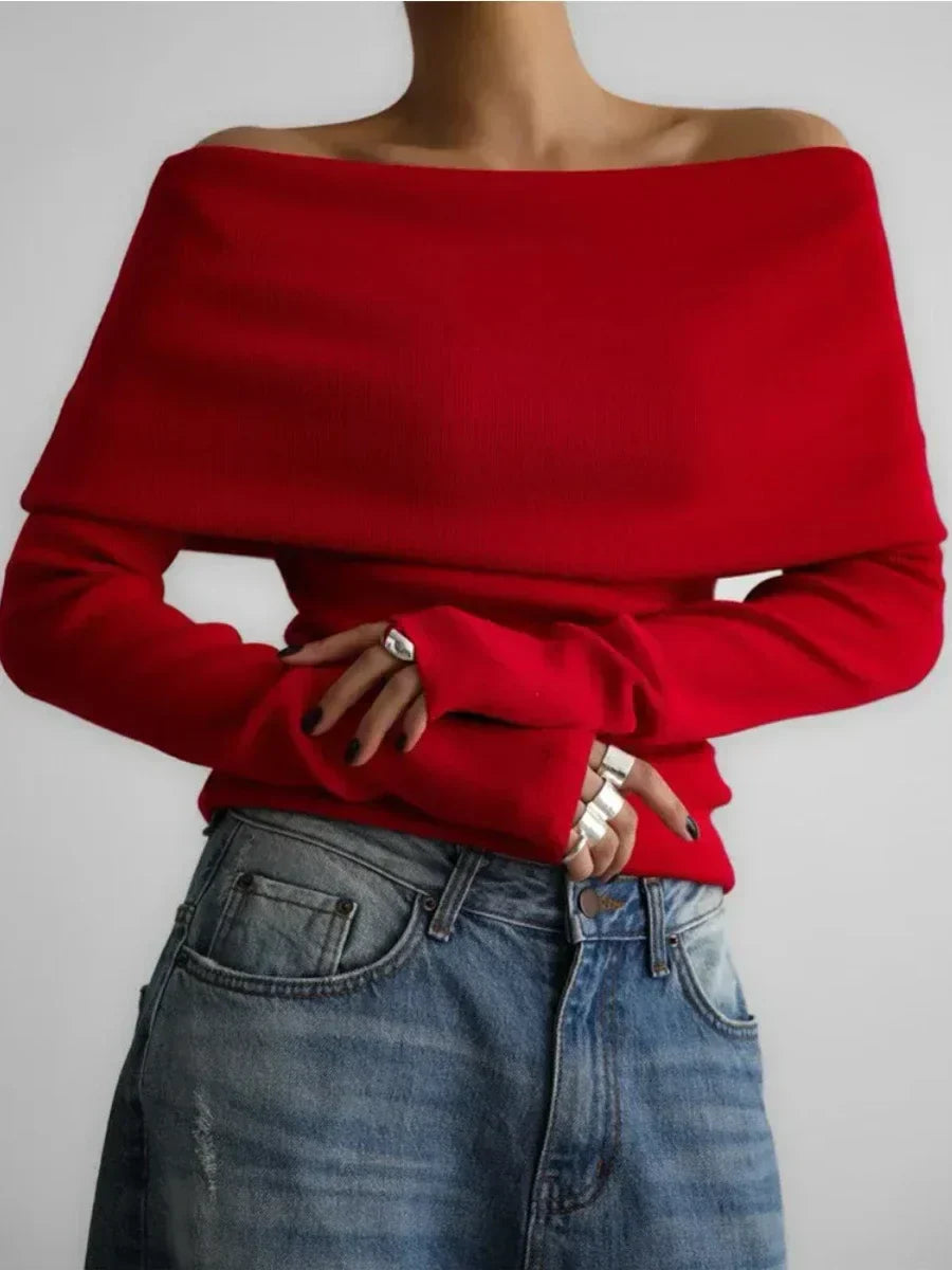 Elegant Off-Shoulder Knit Sweater – Soft, Slim Fit & Effortlessly Chic