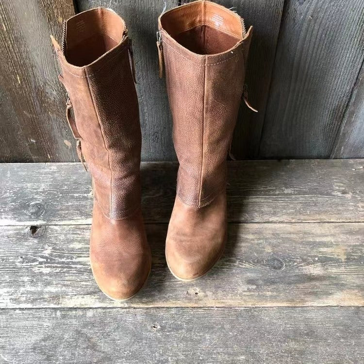 Women’s Brown Leather Mid-Calf Boots – Vintage Zip Block Heel Comfort Boots for Fall & Winter
