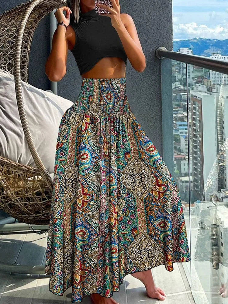 Elegant High-Waisted A-Line Skirt with Elastic Waist and Flowing Length