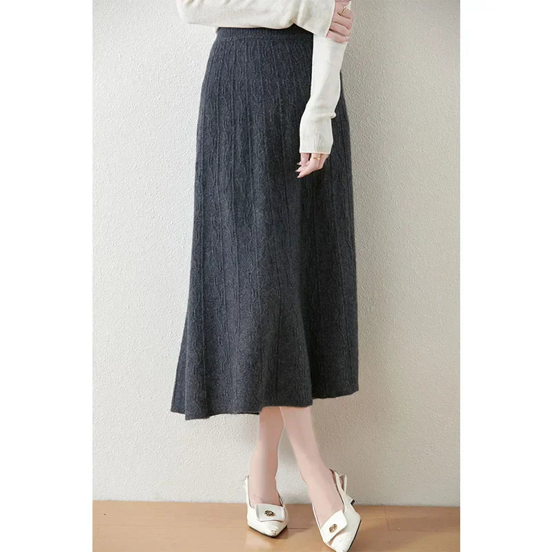 Merino Wool A-Line Midi Skirt – Soft, Warm & Elegant Knit Design