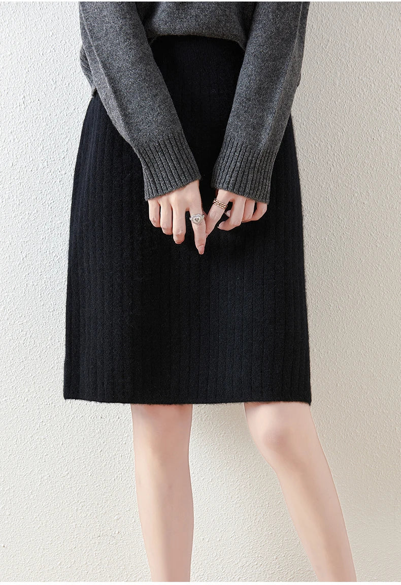 Women’s Merino Wool Ribbed Midi Skirt – Soft Knit Winter Skirt