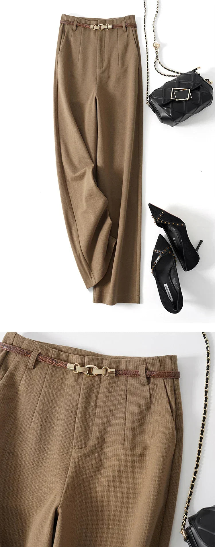 High-Waist Wide Leg Trousers for Women – Tailored Polyester Workwear with Belt