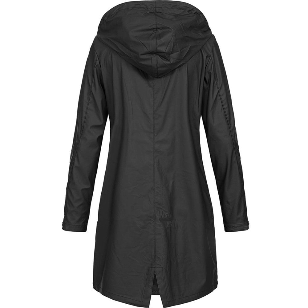 Hooded Raincoat for Women – Lightweight Knee-Length Jacket with Zip and Snap Closure for Spring and Autumn