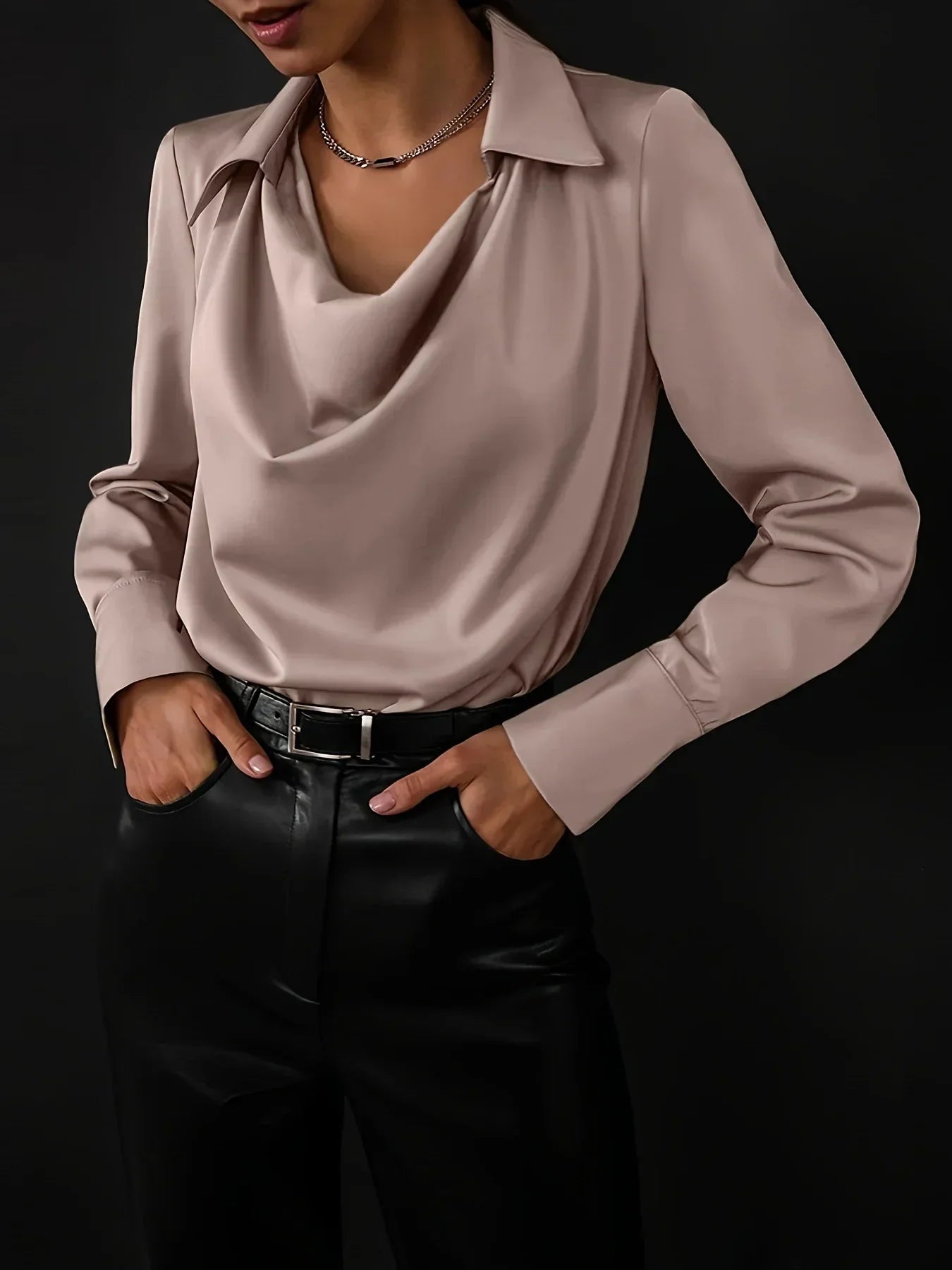 Satin Cowl Neck Blouse – Elegant Draped Long Sleeve Top