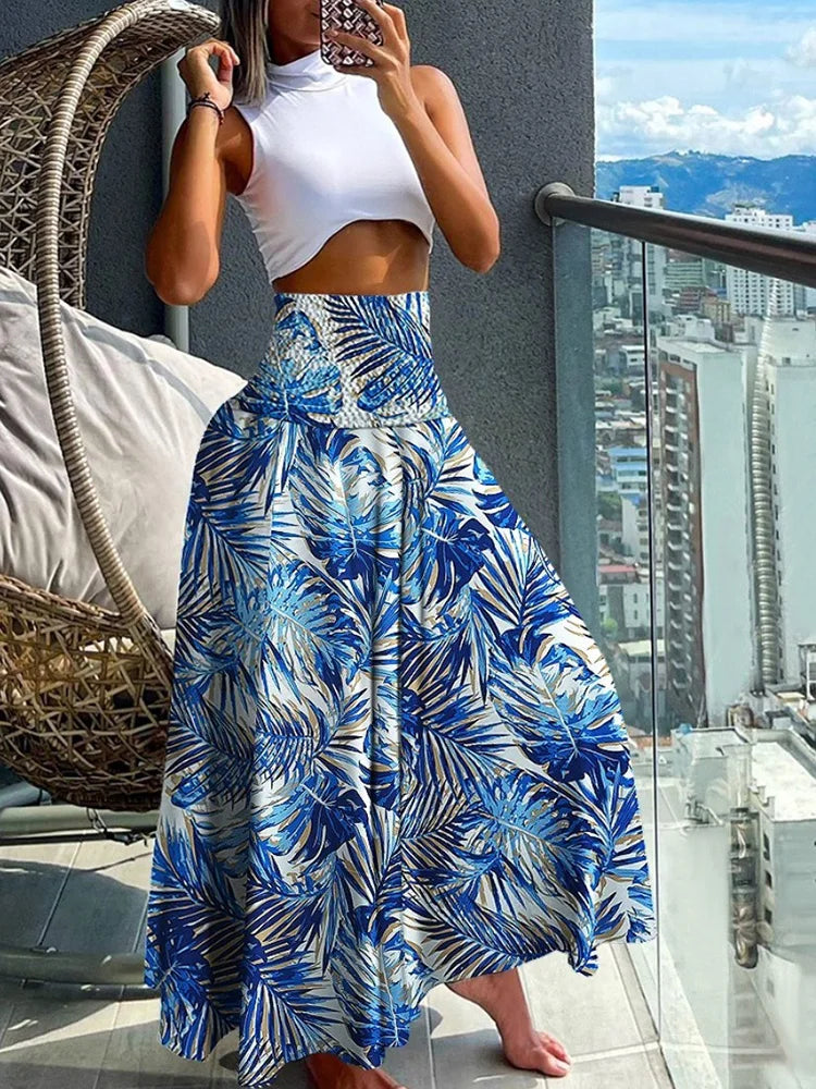 Elegant High-Waisted A-Line Skirt with Elastic Waist and Flowing Length