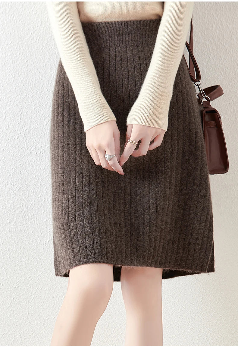 Women’s Merino Wool Ribbed Midi Skirt – Soft Knit Winter Skirt