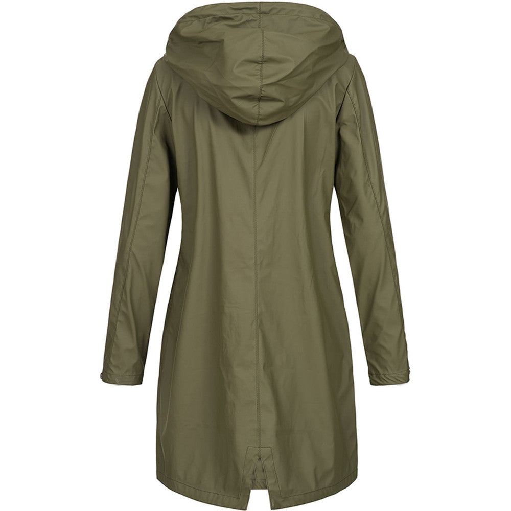 Hooded Raincoat for Women – Lightweight Knee-Length Jacket with Zip and Snap Closure for Spring and Autumn