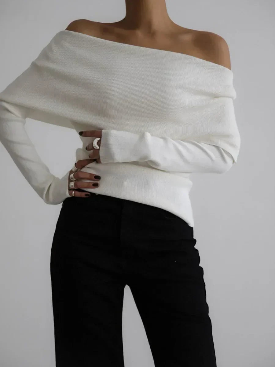 Elegant Off-Shoulder Knit Sweater – Soft, Slim Fit & Effortlessly Chic