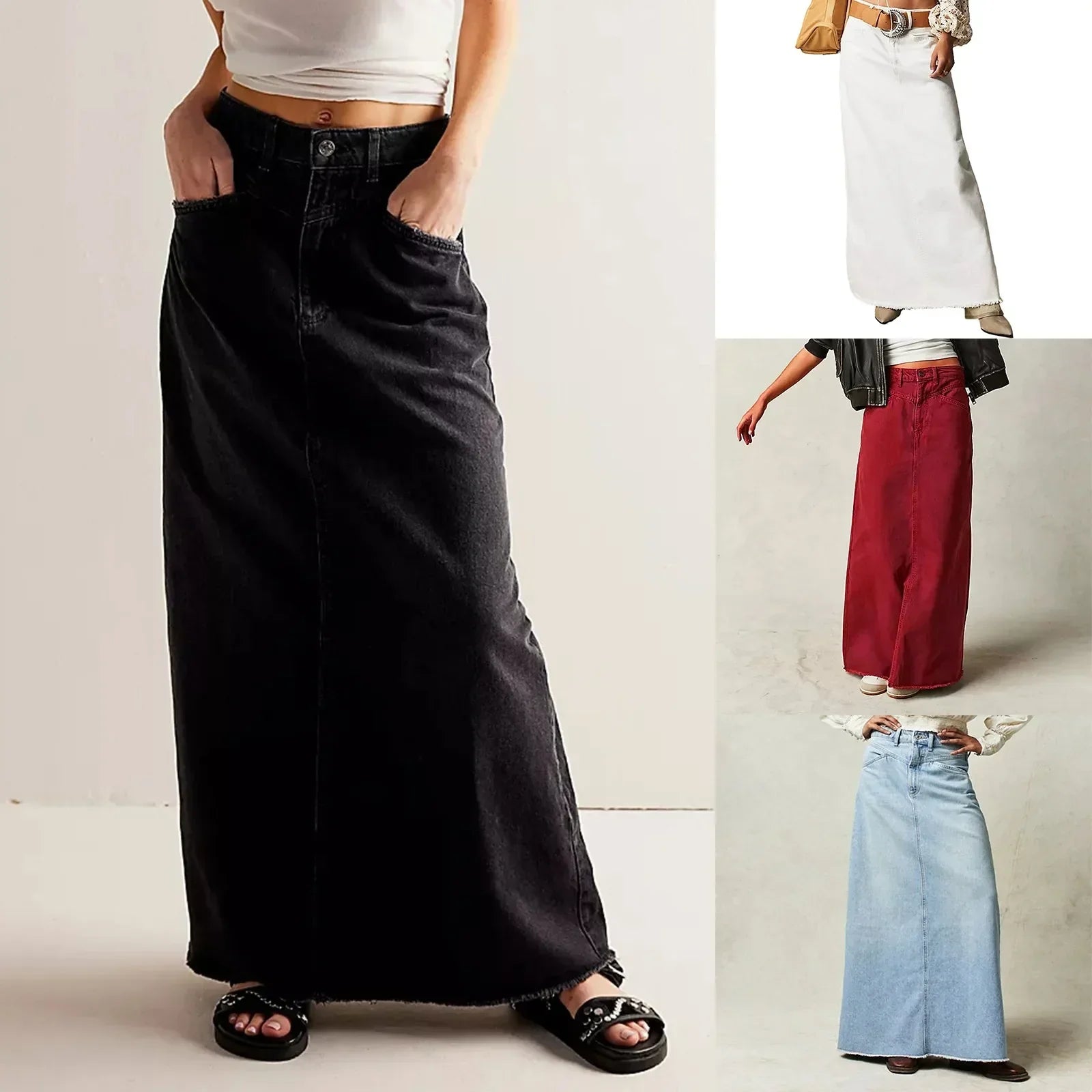 High Waist Denim Maxi Skirt – Vintage A-Line Jean Skirt for Effortless Style