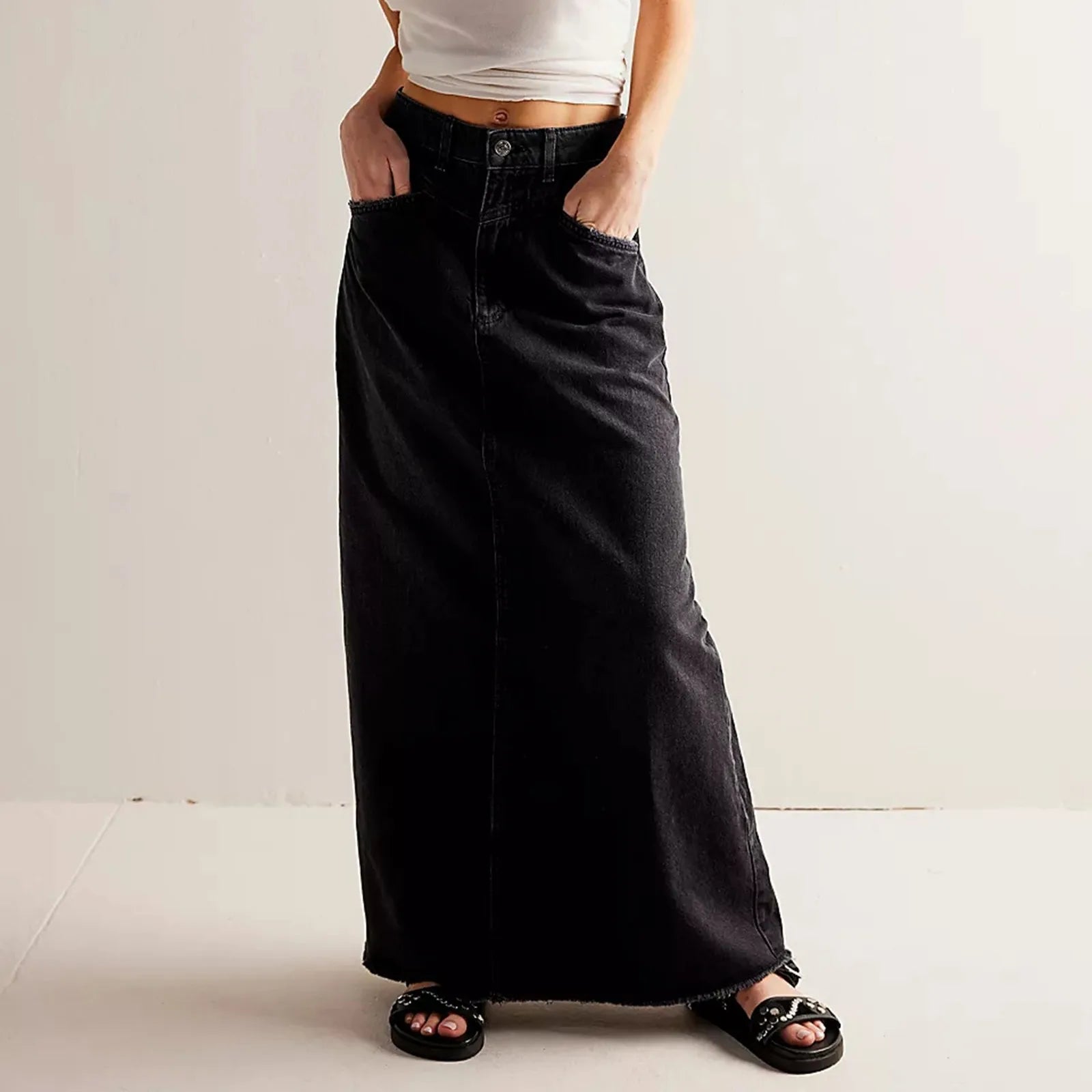 High Waist Denim Maxi Skirt – Vintage A-Line Jean Skirt for Effortless Style