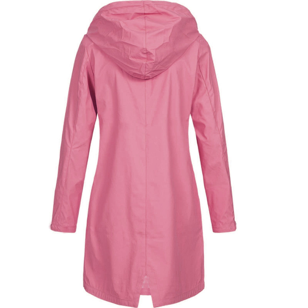 Hooded Raincoat for Women – Lightweight Knee-Length Jacket with Zip and Snap Closure for Spring and Autumn