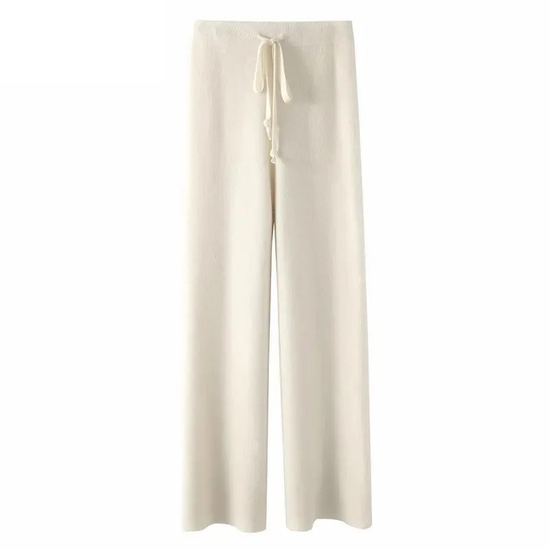 Cashmere-Look Knit Pants – Soft Wide-Leg Lounge Trousers in Taupe