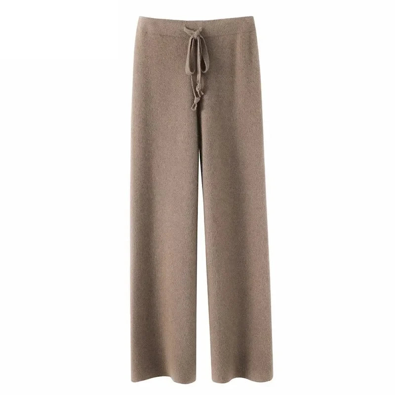Cashmere-Look Knit Pants – Soft Wide-Leg Lounge Trousers in Taupe