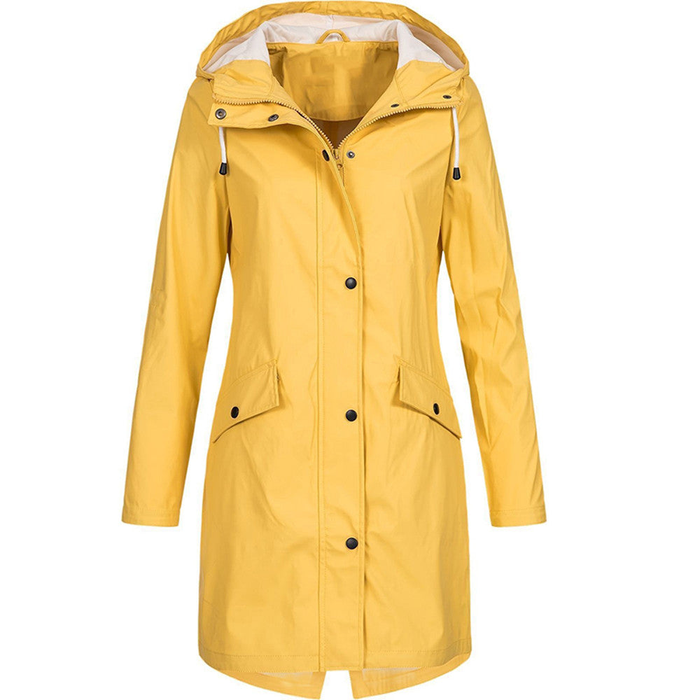 Hooded Raincoat for Women – Lightweight Knee-Length Jacket with Zip and Snap Closure for Spring and Autumn
