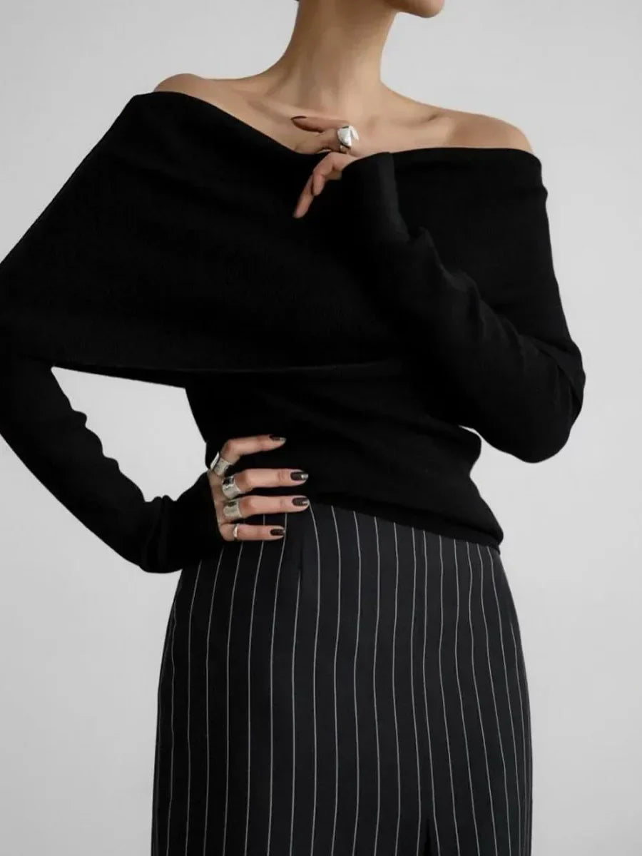 Elegant Off-Shoulder Knit Sweater – Soft, Slim Fit & Effortlessly Chic