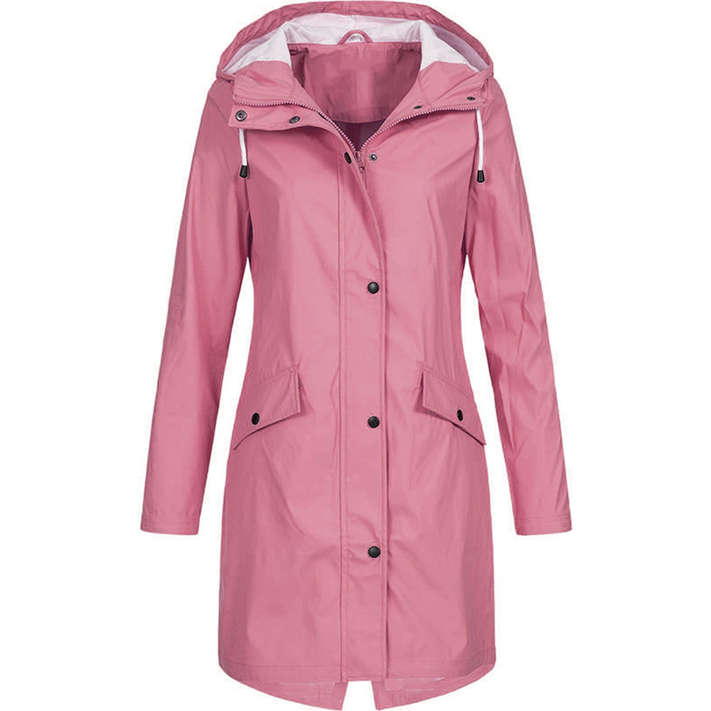 Hooded Raincoat for Women – Lightweight Knee-Length Jacket with Zip and Snap Closure for Spring and Autumn
