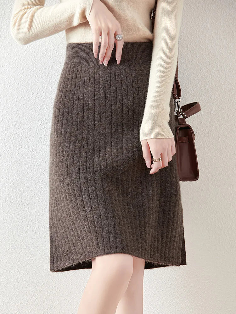 Women’s Merino Wool Ribbed Midi Skirt – Soft Knit Winter Skirt