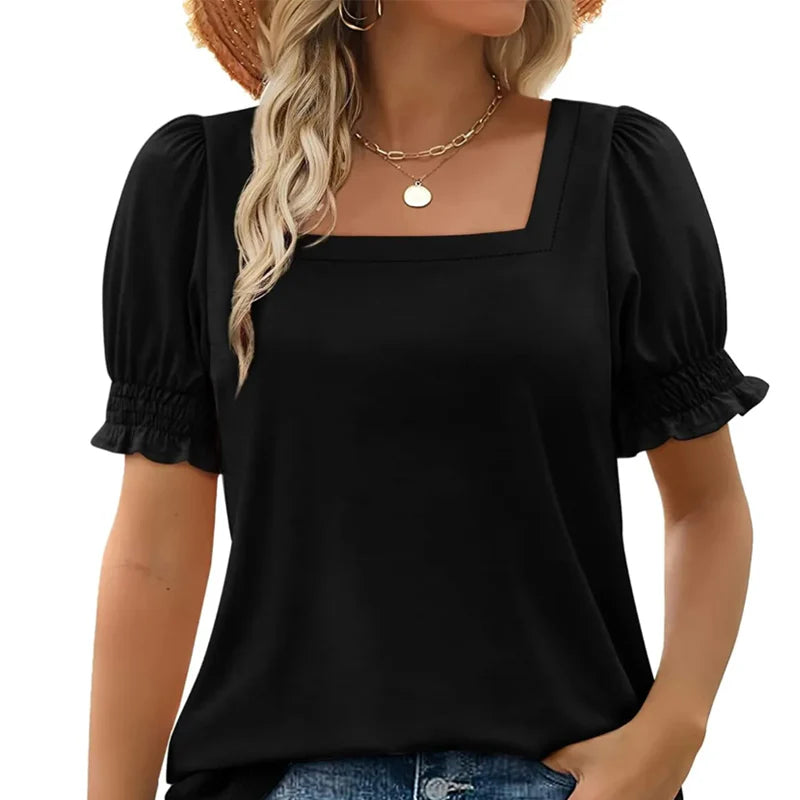 Square Neck T-Shirt for Women – Short Sleeve Top with Smocked Sleeves for Everyday Wear