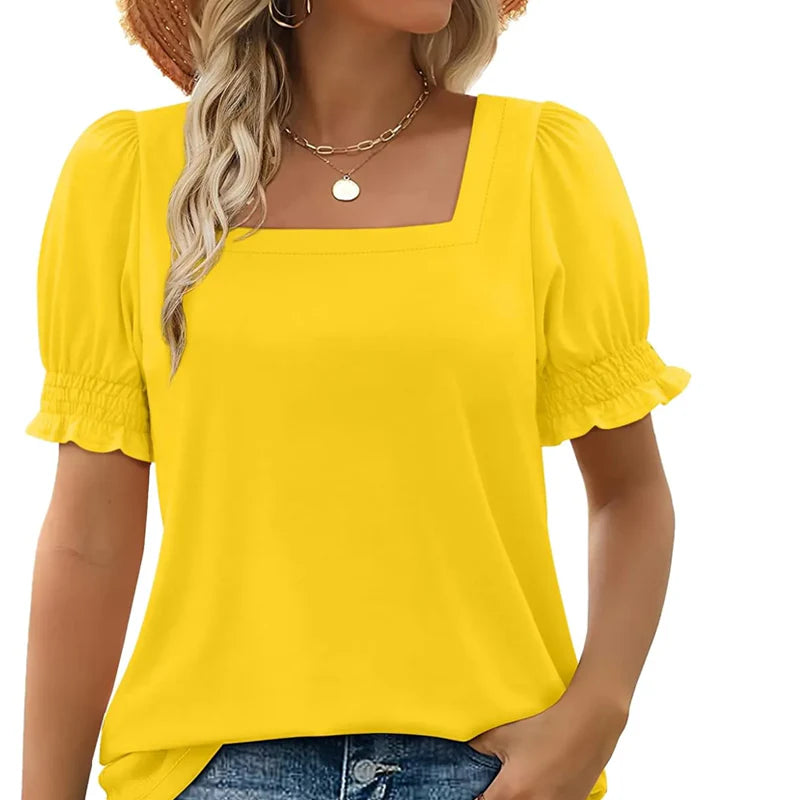 Square Neck T-Shirt for Women – Short Sleeve Top with Smocked Sleeves for Everyday Wear
