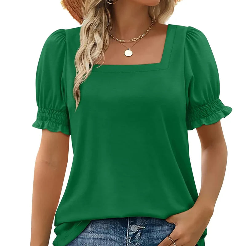Square Neck T-Shirt for Women – Short Sleeve Top with Smocked Sleeves for Everyday Wear