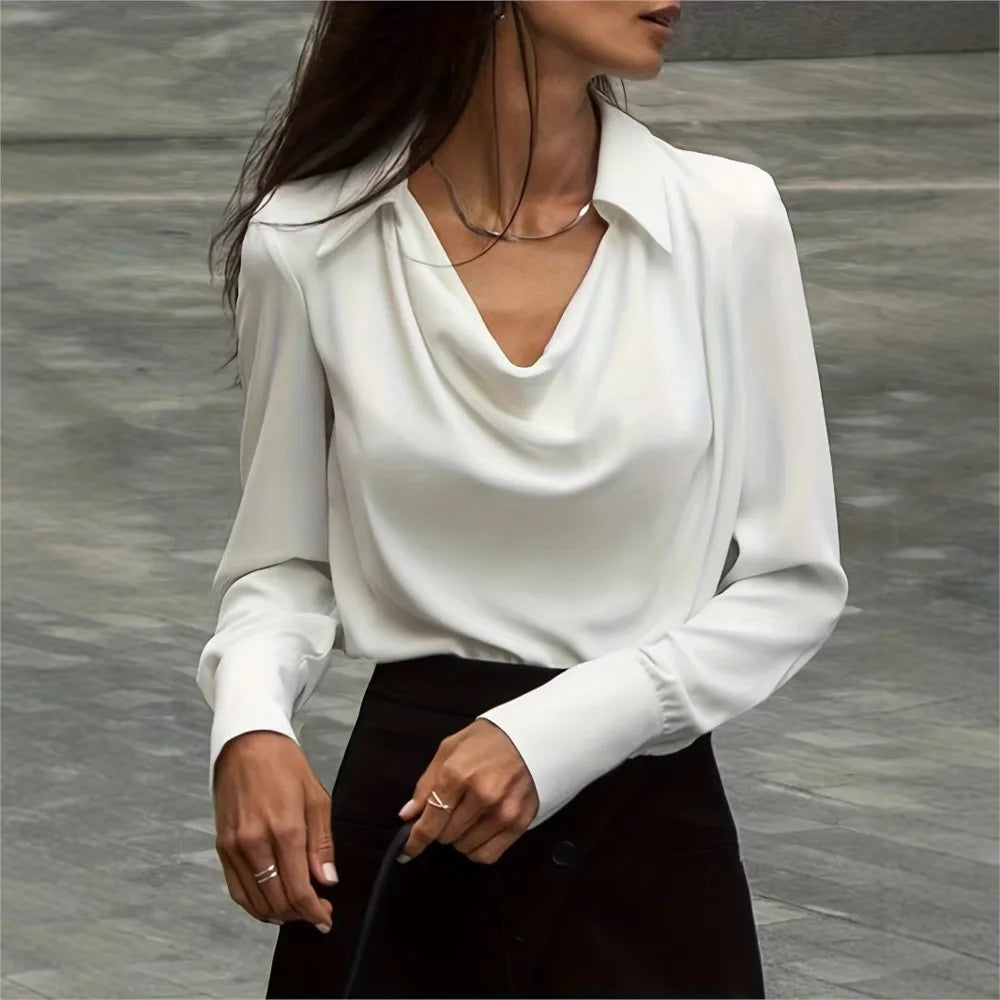 Satin Cowl Neck Blouse – Elegant Draped Long Sleeve Top
