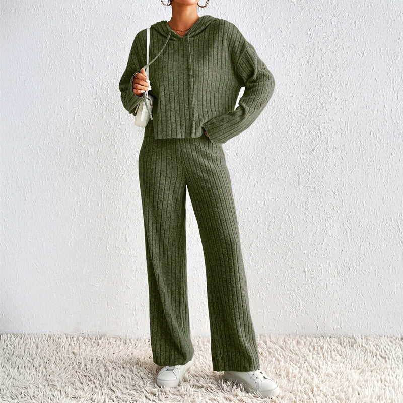 Ribbed Knit Co-Ord Set for Women – Cropped Hoodie and High-Waisted Wide-Leg Trousers for Everyday Comfort
