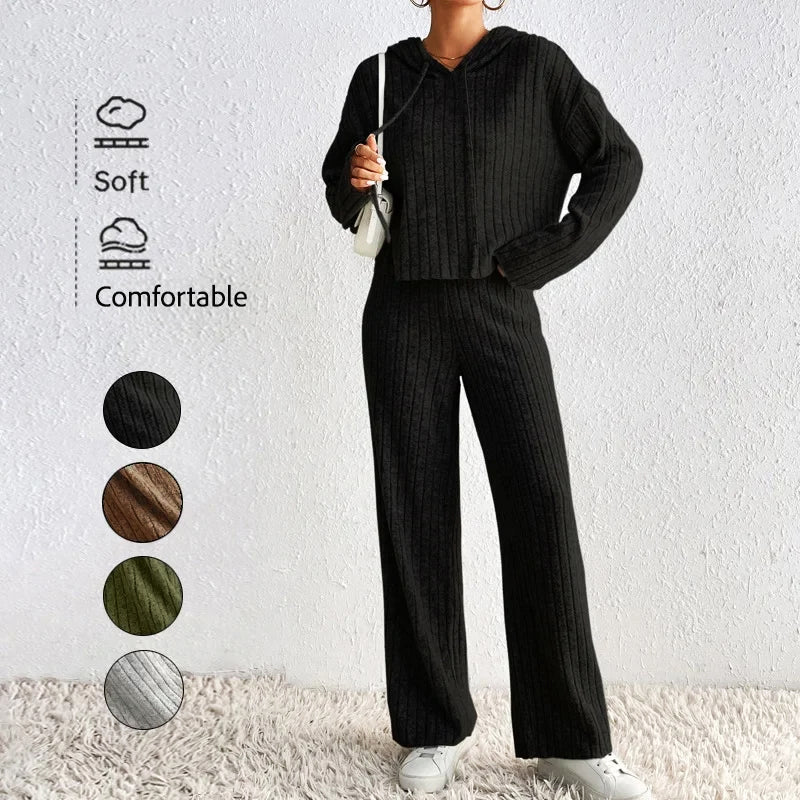 Ribbed Knit Co-Ord Set for Women – Cropped Hoodie and High-Waisted Wide-Leg Trousers for Everyday Comfort