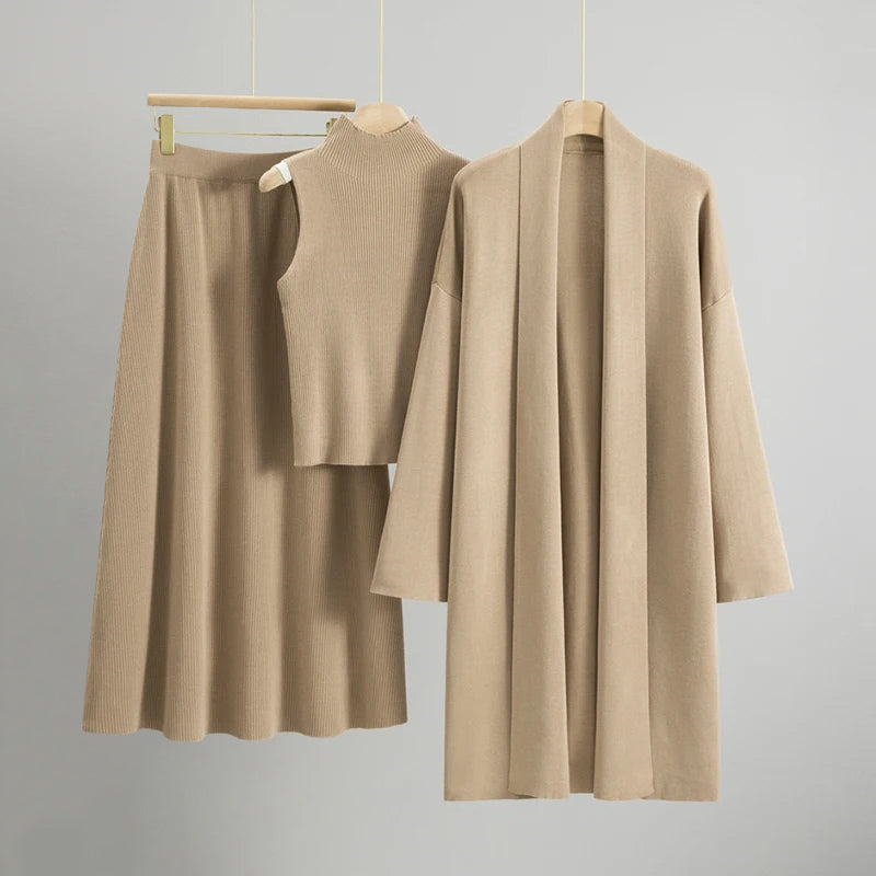 Knit Co-Ord Set for Women – Three-Piece Sleeveless Top, A-Line Skirt and Long Cardigan for Everyday Wear