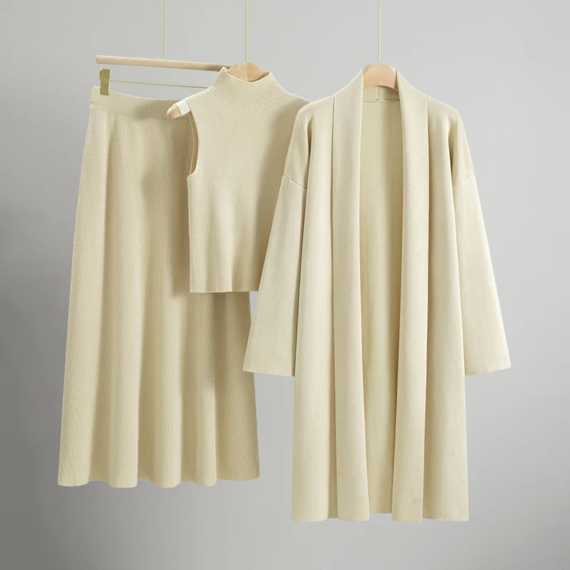 Knit Co-Ord Set for Women – Three-Piece Sleeveless Top, A-Line Skirt and Long Cardigan for Everyday Wear