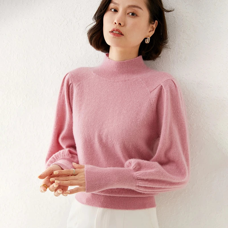 Women’s Merino Wool High-Neck Sweater – Soft Luxury with Puffed Sleeves