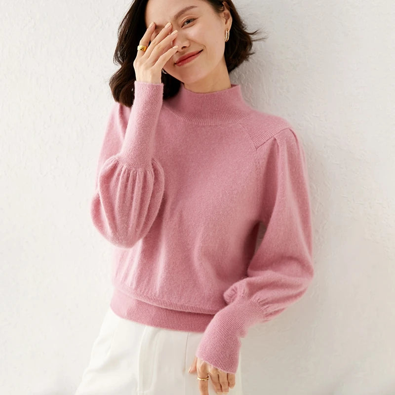 Women’s Merino Wool High-Neck Sweater – Soft Luxury with Puffed Sleeves