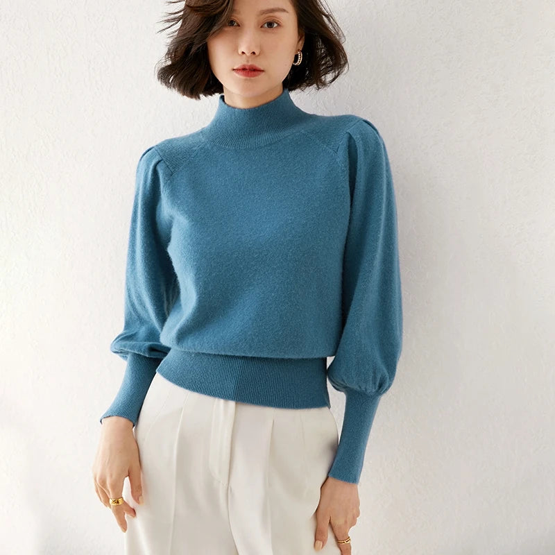 Women’s Merino Wool High-Neck Sweater – Soft Luxury with Puffed Sleeves