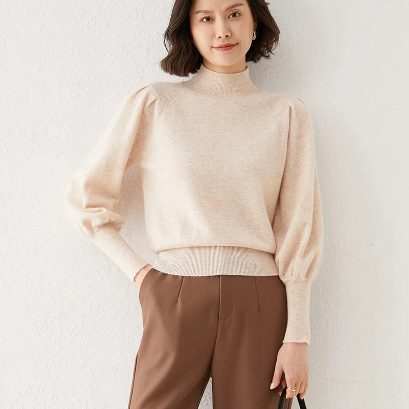 Women’s Merino Wool High-Neck Sweater – Soft Luxury with Puffed Sleeves